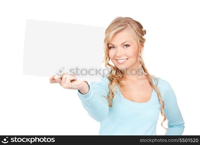 happy woman with blank board over white