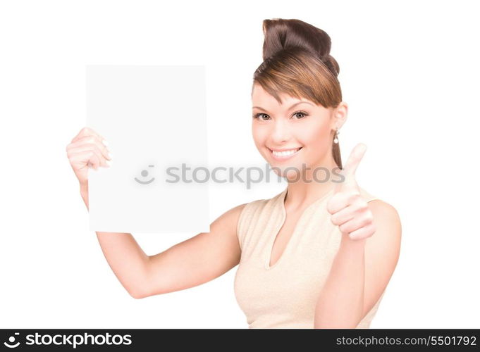 happy woman with blank board over white