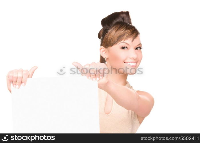 happy woman with blank board over white