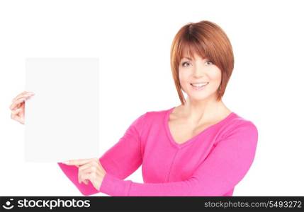 happy woman with blank board over white&#xA;