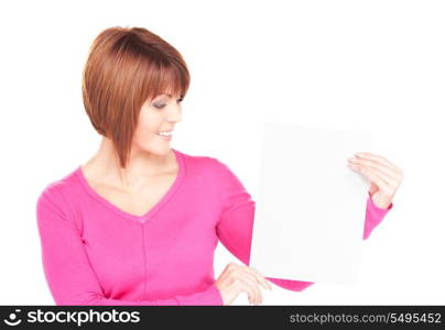 happy woman with blank board over white&#xA;