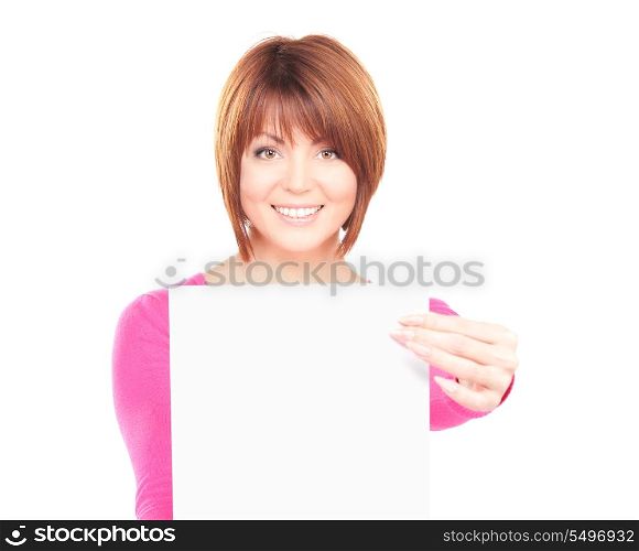 happy woman with blank board over white&#xA;