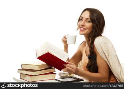 happy woman with books, coffee and ebook. happy woman with books, coffee and ebook on white background