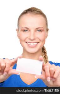 happy woman with business card over white