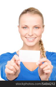 happy woman with business card over white