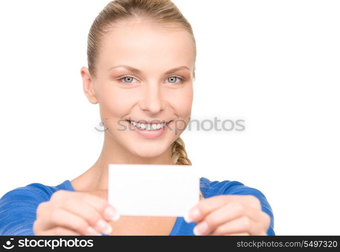 happy woman with business card over white