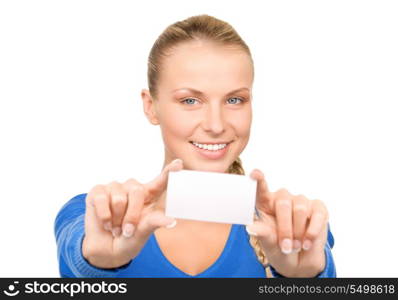 happy woman with business card over white