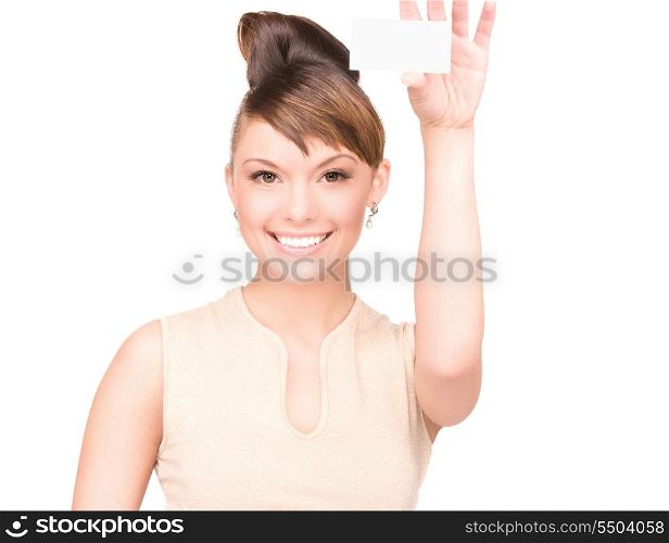 happy woman with business card over white