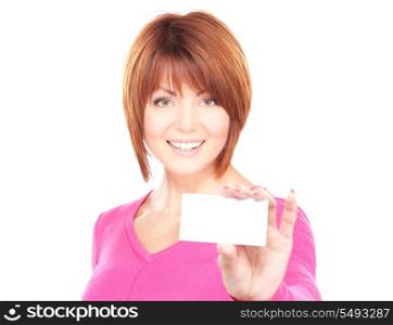 happy woman with business card over white&#xA;