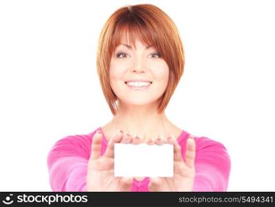 happy woman with business card over white&#xA;