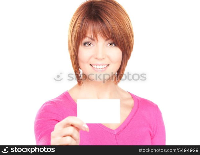 happy woman with business card over white&#xA;