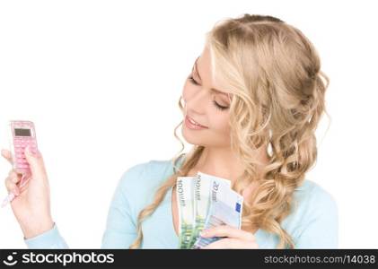 happy woman with calculator and money over white