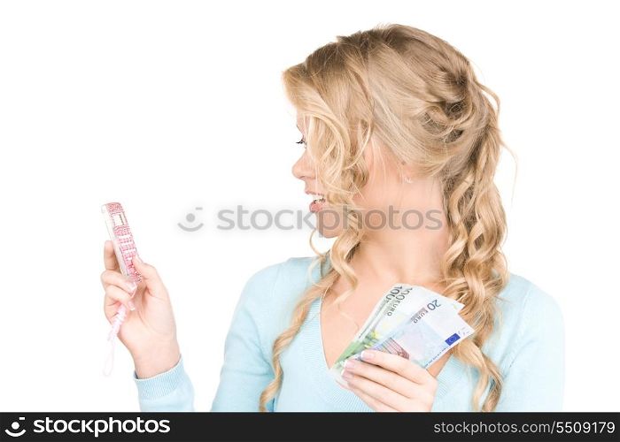 happy woman with calculator and money over white