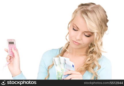 happy woman with calculator and money over white