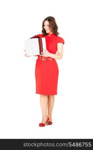 happy woman with gift box over white