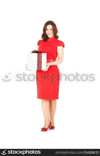 happy woman with gift box over white