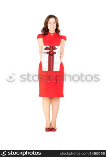 happy woman with gift box over white