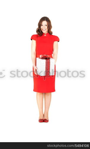 happy woman with gift box over white