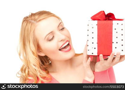 happy woman with gift box over white