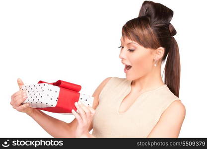 happy woman with gift box over white