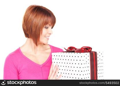 happy woman with gift box over white&#xA;