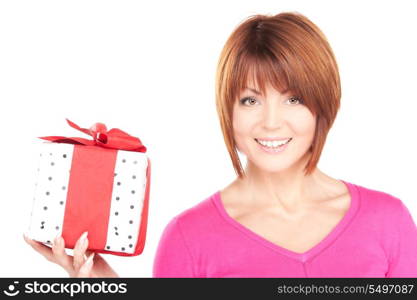 happy woman with gift box over white&#xA;