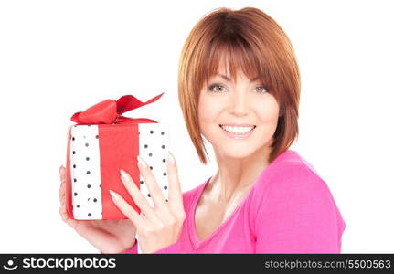 happy woman with gift box over white&#xA;