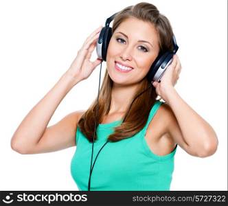 Happy woman with headphones isolated on white background