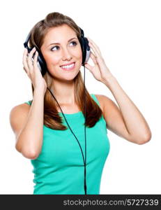 Happy woman with headphones isolated on white background