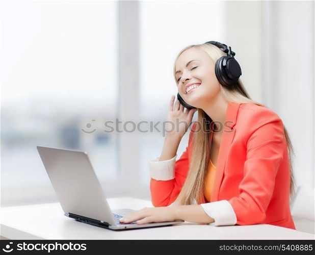 happy woman with headphones listening to music