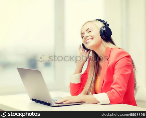 happy woman with headphones listening to music