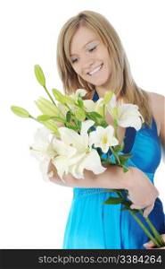 Happy woman with lily in her hand. Isolated on white background