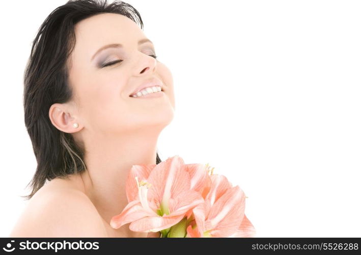 happy woman with pink madonna lily flowers over white