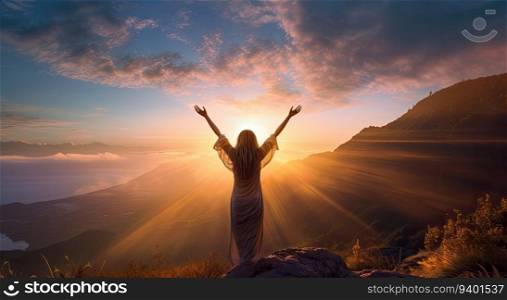 Happy woman with raised hands in the mountains on a background of the sunset