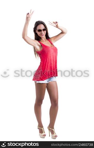 Happy woman with sunglasses, isolated over white background