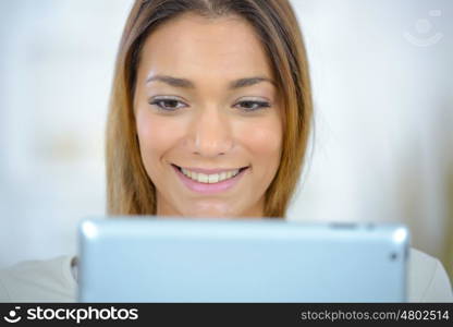 happy woman with tablet