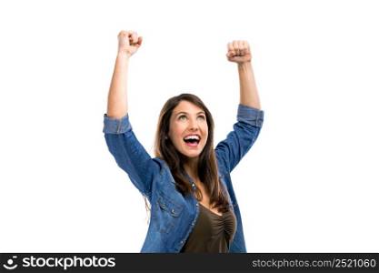 Happy woman with the achieved success, isolated over white background. Happy woman