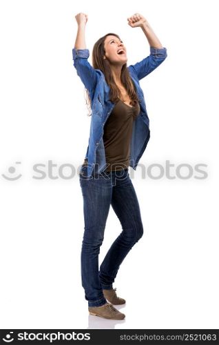 Happy woman with the achieved success, isolated over white background. Happy woman