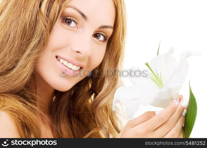 happy woman with white madonna lily flower