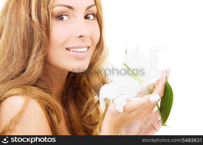 happy woman with white madonna lily flower