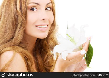 happy woman with white madonna lily flower