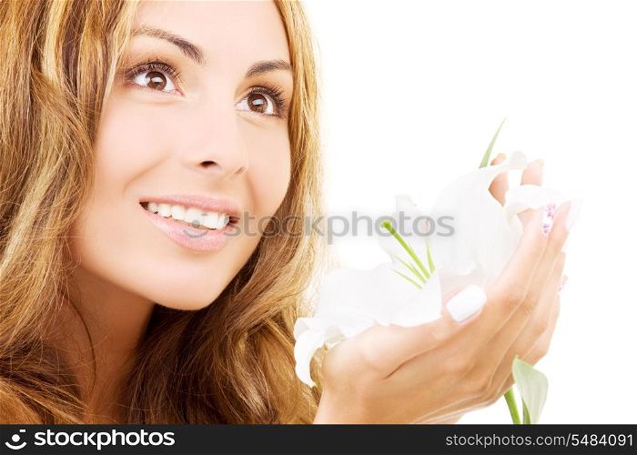happy woman with white madonna lily flower