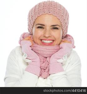 Happy woman wrap self up in knit scarf