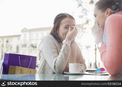 Happy women gossiping at outdoor cafe