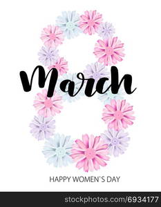 Happy Women&rsquo;s Day.. Happy Women&rsquo;s Day. Handwritten gold lettering phrase in flower frame. 8 March party invitation, poster, banner or card design