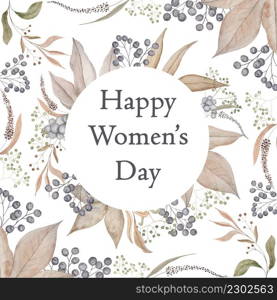 Happy Women&rsquo;s Day. Painted watercolor delicate and romantic leaves and berries. Pastel floral clip art perfect for wedding postcard making. Diy project. Closeup, white background. Happy Women&rsquo;s Day. Painted watercolor delicate and romantic