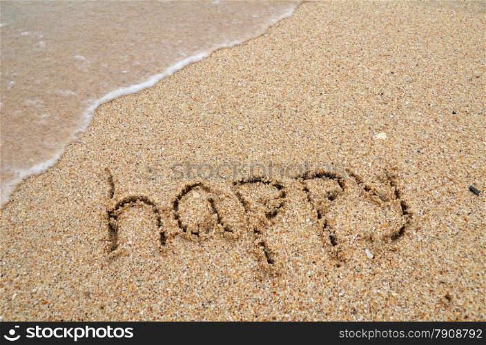 Happy word written on sandy the beach