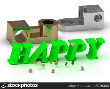 HAPPY- words of color letters and silver details and bronze details on white background