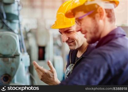 happy worker, smiling industrial technician engineer enjoy working together with coworker.