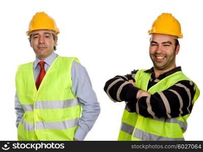 happy workers with yellow hat, in a white background